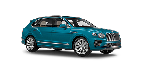 宾利广州—珠江新城 Bentley Bentayga EWB Azure front side angled view in Topaz blue coloured exterior. 