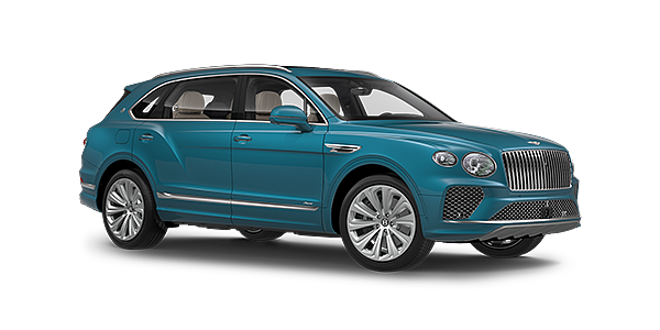 宾利广州—珠江新城 Bentayga Extended Wheelbase Azure luxury SUV front three quarter in Topaz Blue by Mulliner paint